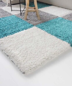 Tappeto a pelo lungo a quadri Shaggy Trend - Turchese - close up hoek