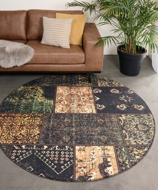 Tappeto rotondo Patchwork - Fade No.1 Verde oliva - sfeer