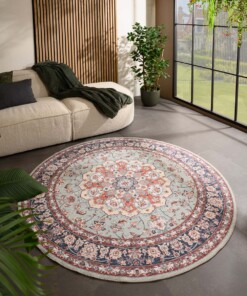 Tappeto da esterno rotondo vintage - Valenca Nova verde salvia/rosso - sfeer