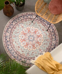 Tappeto da esterno rotondo vintage - Valenca Nova verde salvia/rosso - sfeer