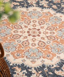 Tappeto da esterno vintage ovale - Valenca Nova oro/blu - close up, thumbnail