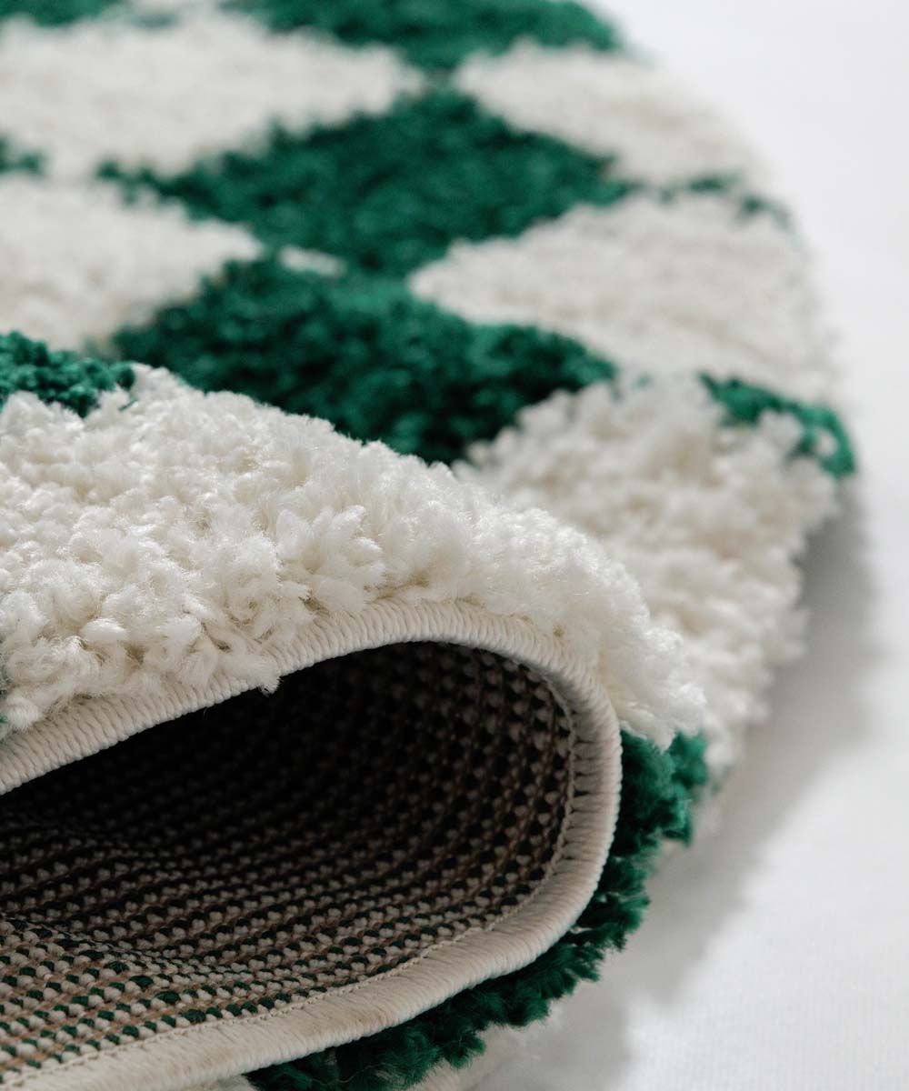 Tappeto rotondo retrò - Check avorio/giada - close up Tappeto rotondo retrò - Check avorio/giada - close up