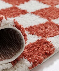 Tappeto retrò - Check avorio/corallo - close up, thumbnail