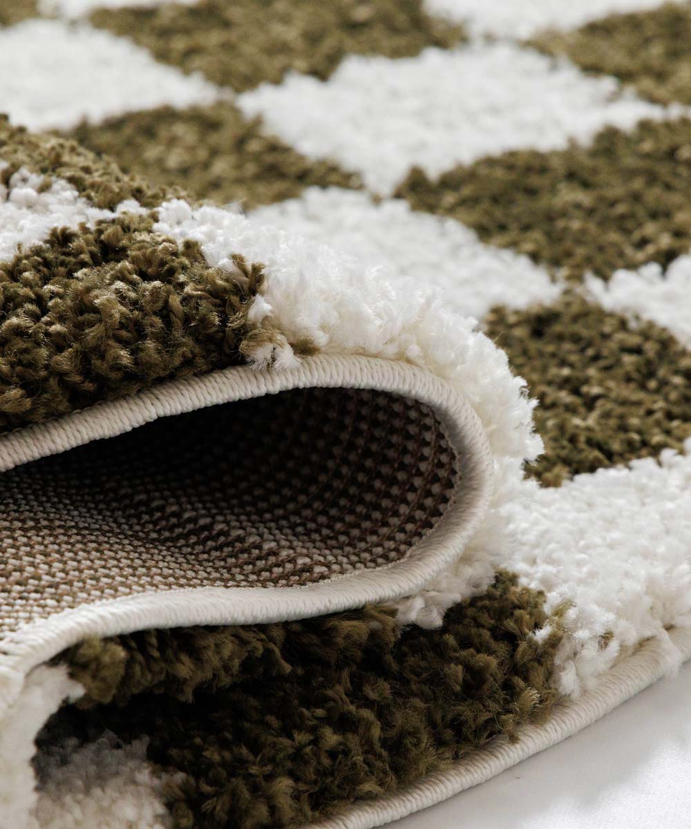 Tappeto rotondo retrò - Check avorio/verde oliva - close up Tappeto rotondo retrò - Check avorio/verde oliva - close up