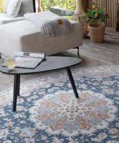 Tappeto da esterno vintage ovale - Valenca Nova oro/blu - close up, thumbnail