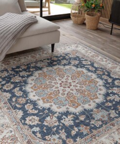 Tappeto da esterno vintage quadrato - Valenca Nova oro/blu - close up, thumbnail