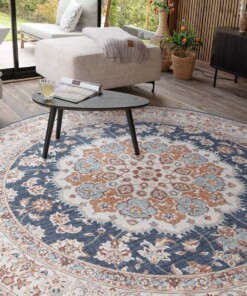 Tappeto da esterno rotondo vintage - Valenca Nova oro/blu - close up, thumbnail